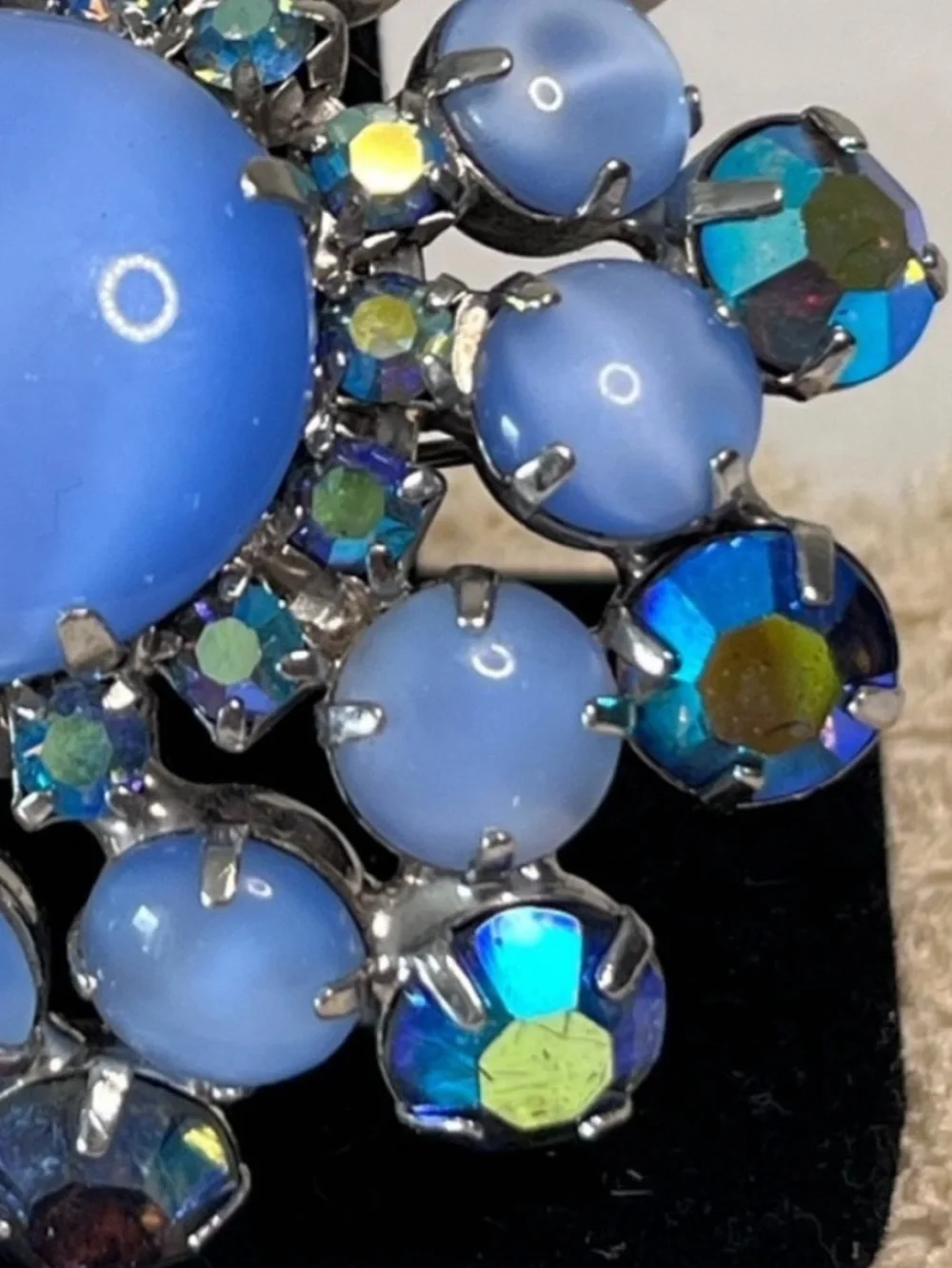 Vintage Blue Moonglow Glass AB Rhinestone Brooch Silver Tone MCM